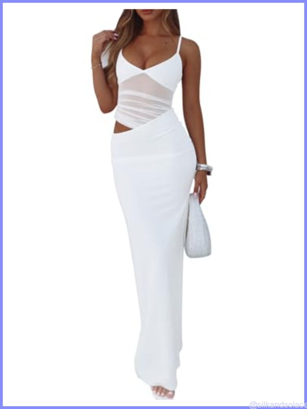 Women's Sexy Bodycon V Neck Spaghetti Strap Maxi Dress Mesh Sheer Backless Side